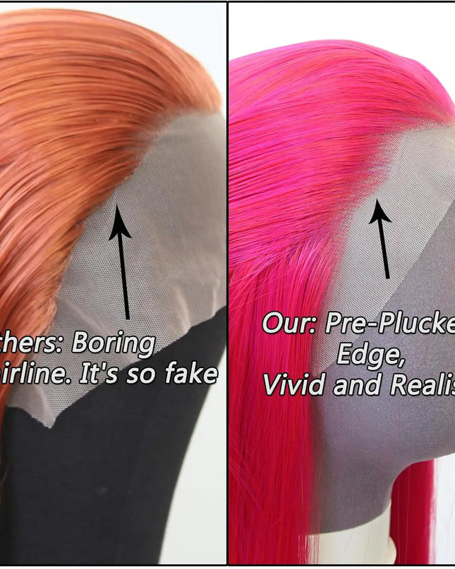 Comparison of hairline designs with text indicating 'Others: Boring hairline. It's so fake' and 'Our: Pre-Plucked Edge, Vivid and Realistic'.