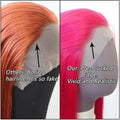 Comparison of hairline designs with text indicating 'Others: Boring hairline. It's so fake' and 'Our: Pre-Plucked Edge, Vivid and Realistic'.