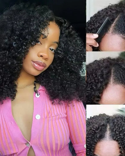 Model showcasing the 12A Jerry Curly V Part Wig with beautiful kinky curls and a natural look, featuring hair styling process.