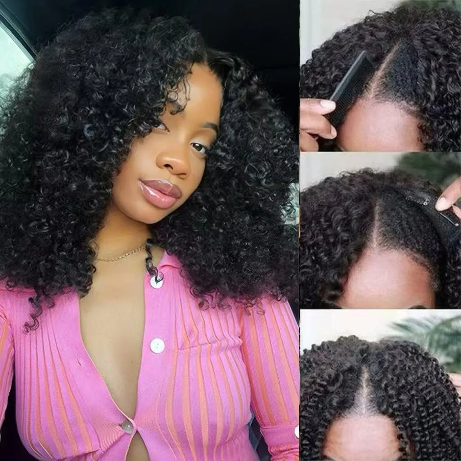 Model showcasing the 12A Jerry Curly V Part Wig with beautiful kinky curls and a natural look, featuring hair styling process.
