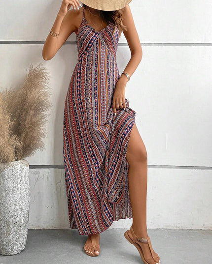 Women's Ethnic Pattern Backless Split Thigh Boho Maxi Dress