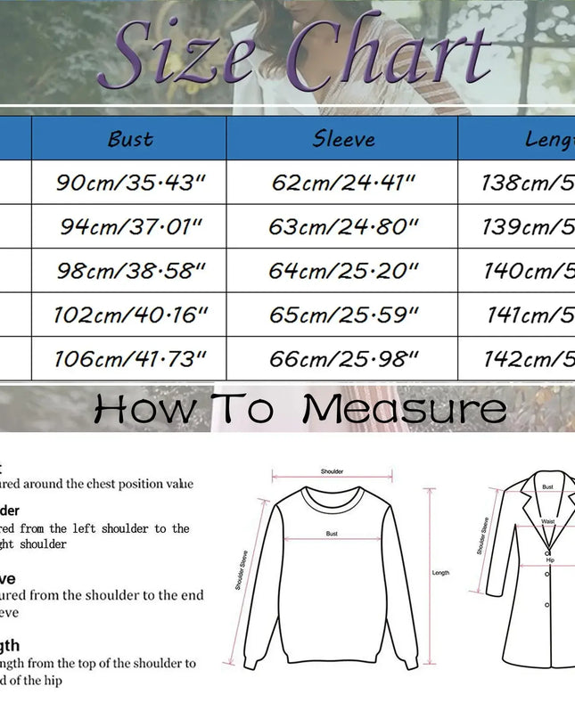 Size chart for Elegant Deep V Long Sleeve Slit Dress showing measurements for bust, sleeve, and length in various sizes.