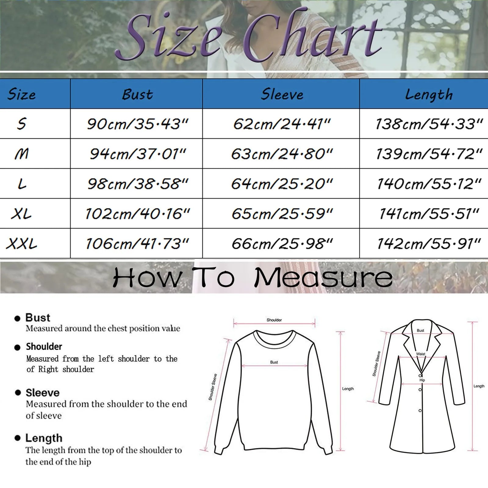 Size chart for Elegant Deep V Long Sleeve Slit Dress showing measurements for bust, sleeve, and length in various sizes.