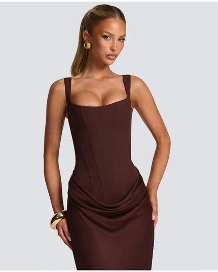 Brown pleated maxi dress featuring a square neck and sleeveless design, showcasing elegant style and comfort.