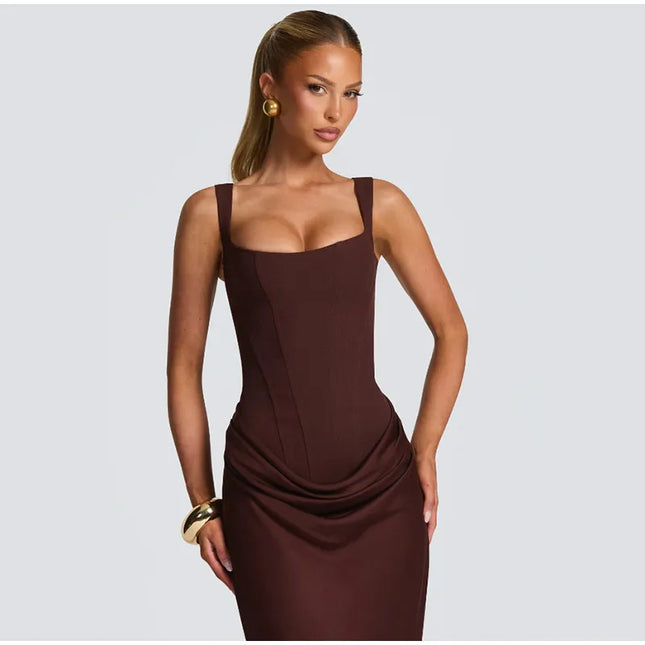 Brown pleated maxi dress featuring a square neck and sleeveless design, showcasing elegant style and comfort.