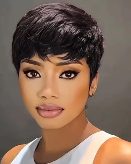 Glueless cotton cap wig for hair loss model showcasing short hairstyle and natural beauty.