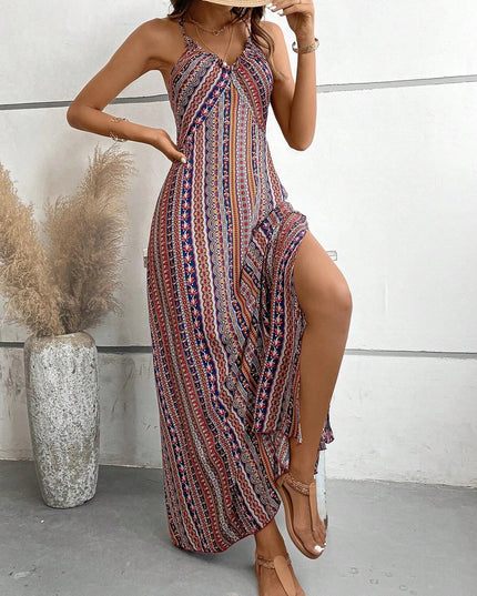 Women's Ethnic Pattern Backless Split Thigh Boho Maxi Dress