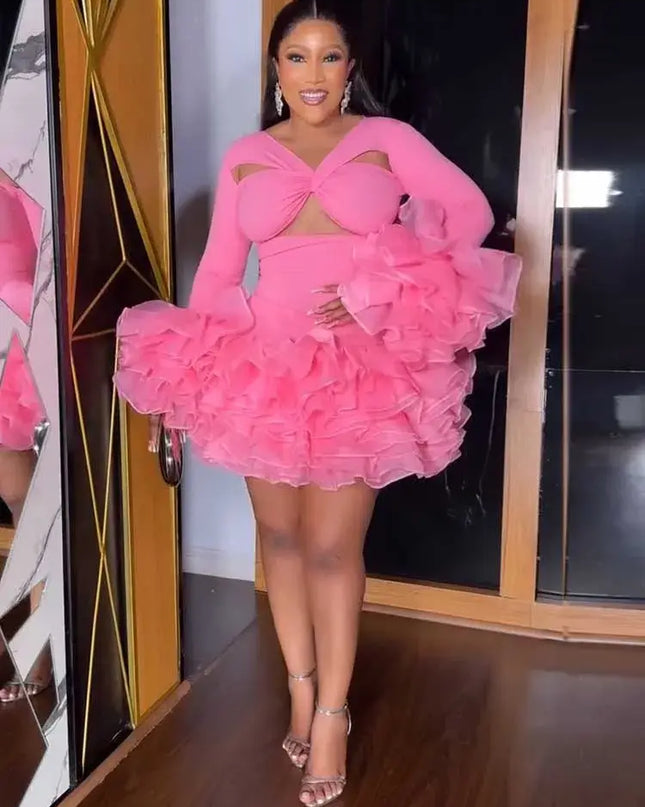 Sexy petal sleeve mini dress in pink with ruffled skirt, ideal for spring parties and elegant celebrations.