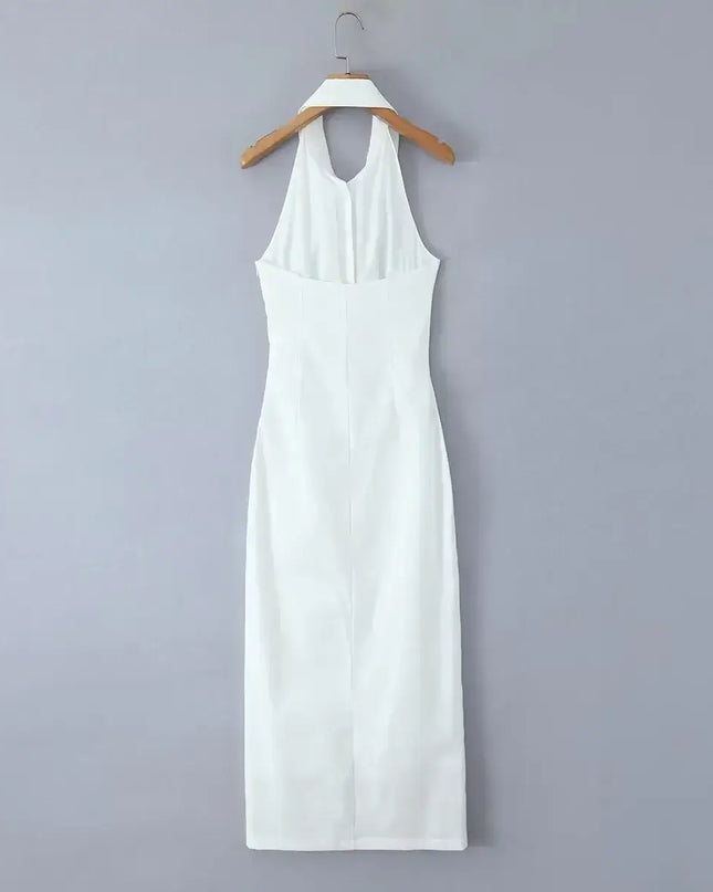 White cotton linen summer dress featuring a backless halter design and midi length, perfect for warm weather casual wear.