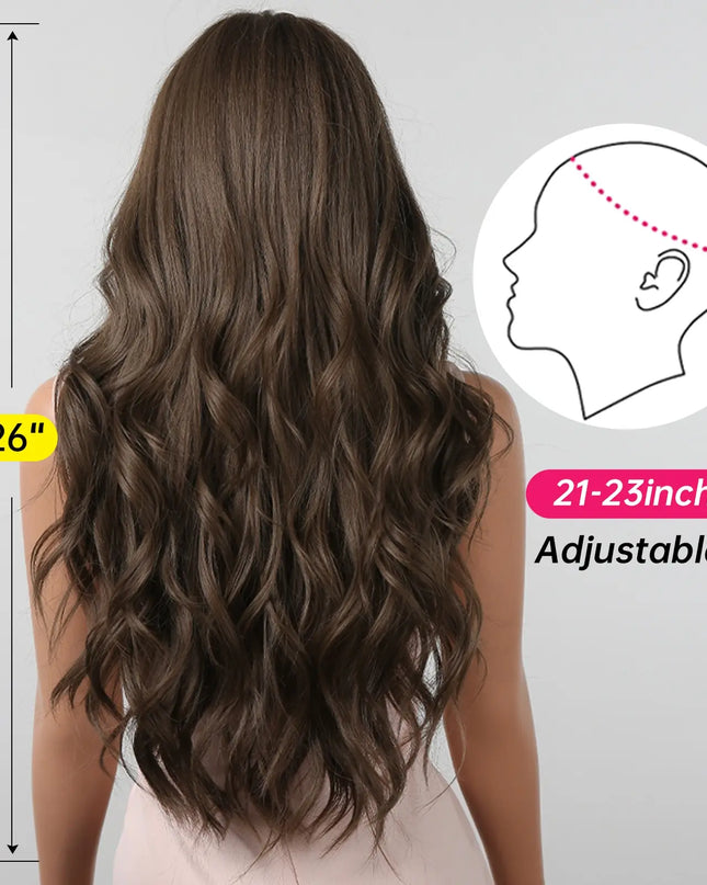 Brown Wavy Wigs for Women with Bangs Long Natural Synthetic Hair Wig Daily Cosplay Heat Resistant