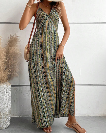 Women's Ethnic Pattern Backless Split Thigh Boho Maxi Dress