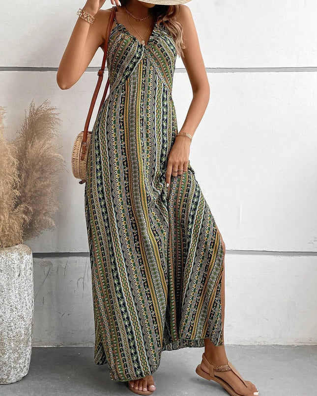 Women's Ethnic Pattern Backless Split Thigh Boho Maxi Dress