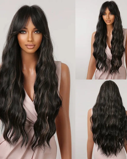 Brown Wavy Wigs for Women with Bangs Long Natural Synthetic Hair Wig Daily Cosplay Heat Resistant