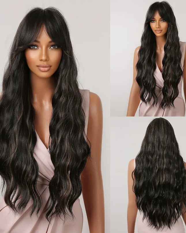 Brown Wavy Wigs for Women with Bangs Long Natural Synthetic Hair Wig Daily Cosplay Heat Resistant