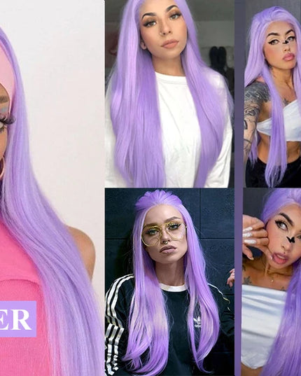 Collage of a woman with purple hair styled in various ways.