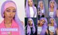 Collage of a woman with purple hair styled in various ways.
