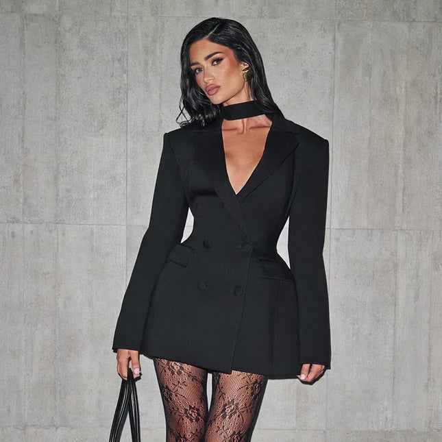 2025 Deep V-Neck Double-Breasted Mini Dress