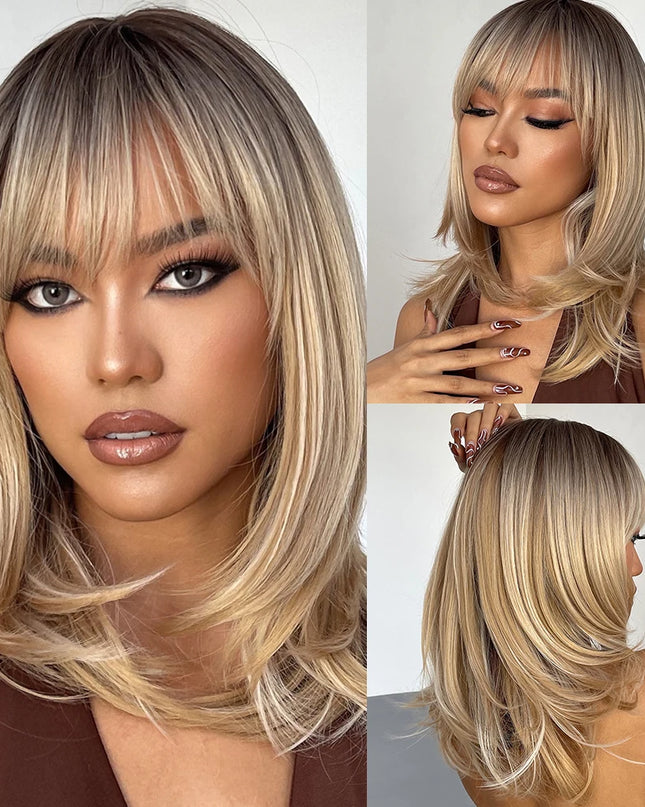 Blonde Synthetic Wigs with Bangs Medium Length Layered Straight Wig Natural Highlight Hair