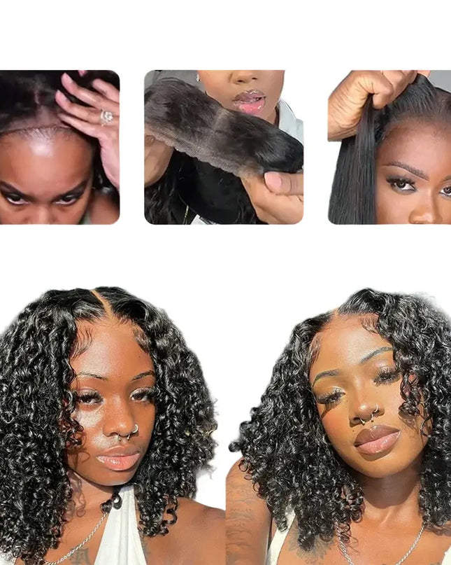 Promotional image of a glueless wig with text and before-and-after comparisons.