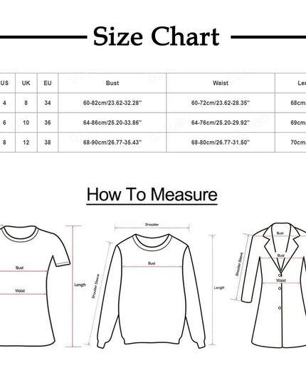 Size chart for clothing with measurements in US, UK, and EU standards.
