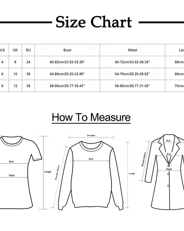 Size chart for clothing with measurements in US, UK, and EU standards.