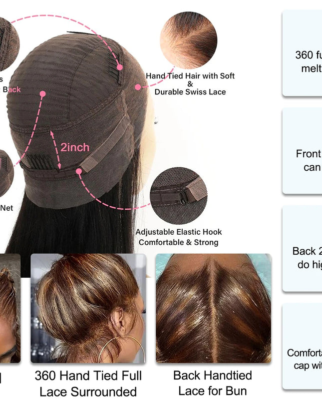 Hair wig with detailed features and usage examples on a white background