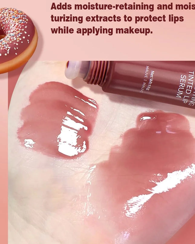 Lip serum with lip gloss application on lips, donut in the corner