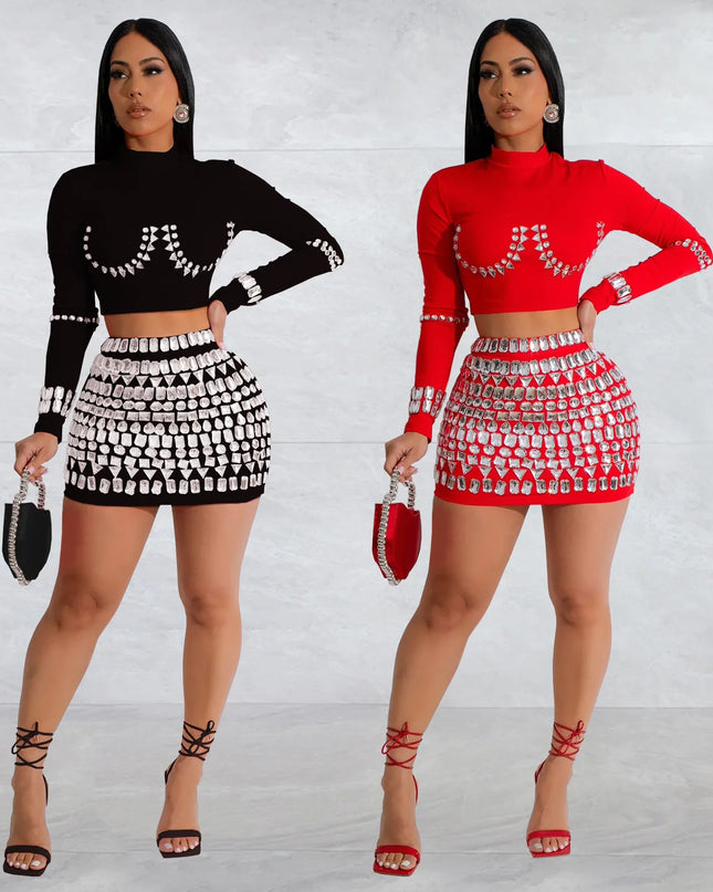 HLJ Fashion Luxury Rhinestone Party Club Mini Skirts Two Piece Sets Women