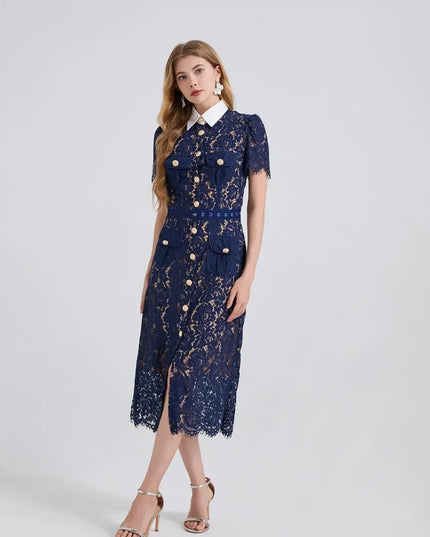 Elegant Lace Color Block Bodycon Dress with 3D Pockets