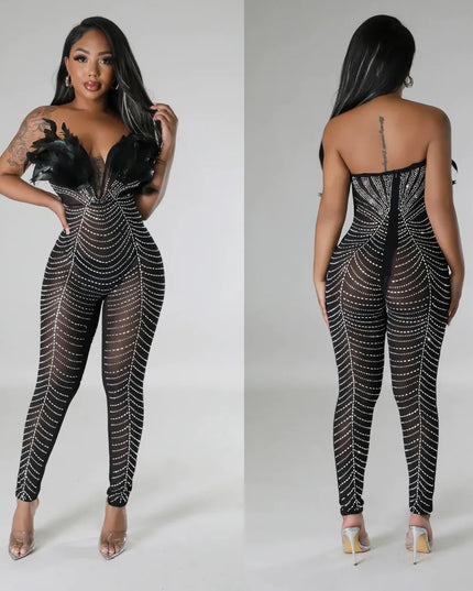 HLJ Sexy Feather Luxury Rhinestone Bodycon Jumpsuits Women Mesh Sleeveless