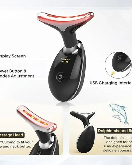 7LED Color Vibrating Neck Device with display screen, power button, and USB charging interface for skin massaging.