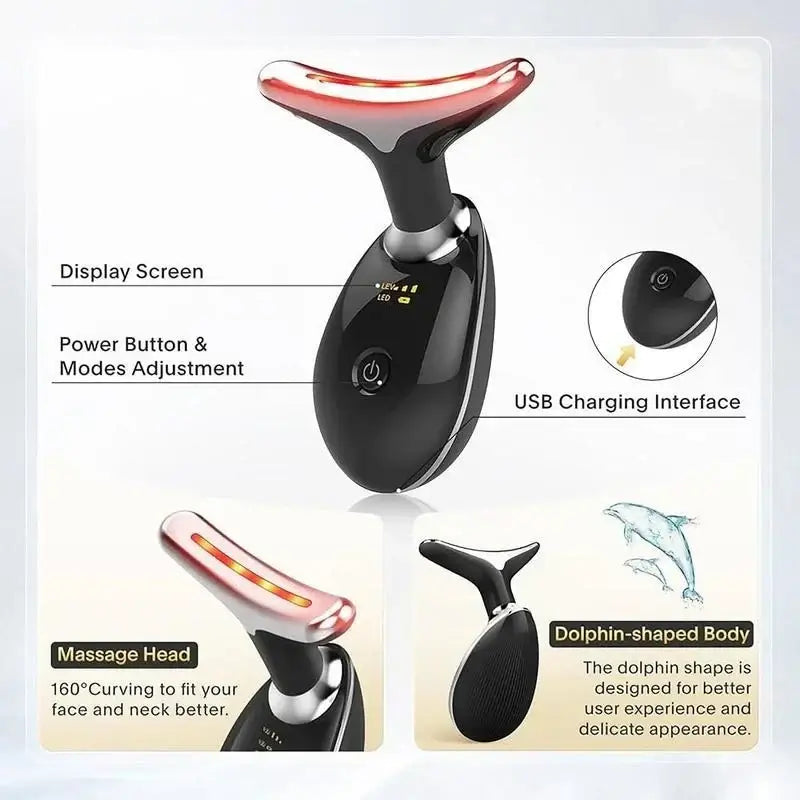 7LED Color Vibrating Neck Device with display screen, power button, and USB charging interface for skin massaging.