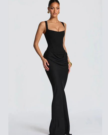 Elegant black sleeveless gown featuring a square neck and a figure-hugging silhouette for a sophisticated look.