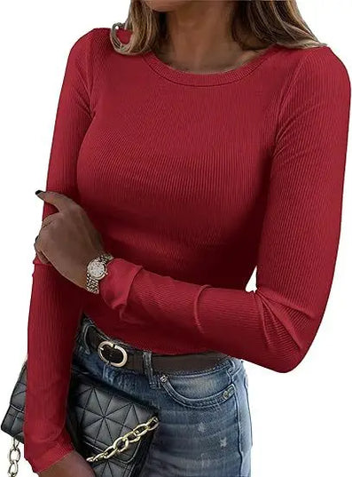 European and American new women's long sleeved elastic round neck ribbed T-shirt slim fit casual basic top