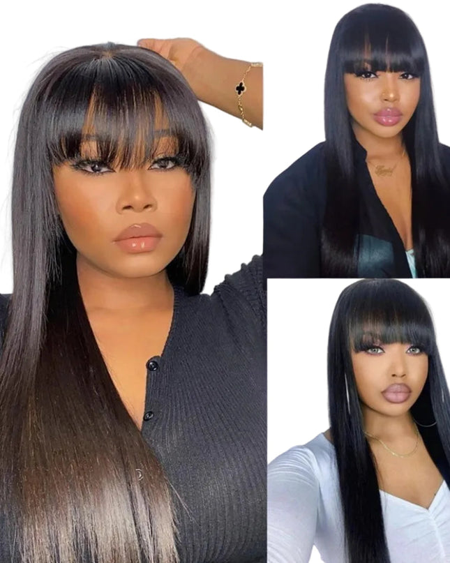 Collage of a woman with long black hair styled with bangs on a white background.