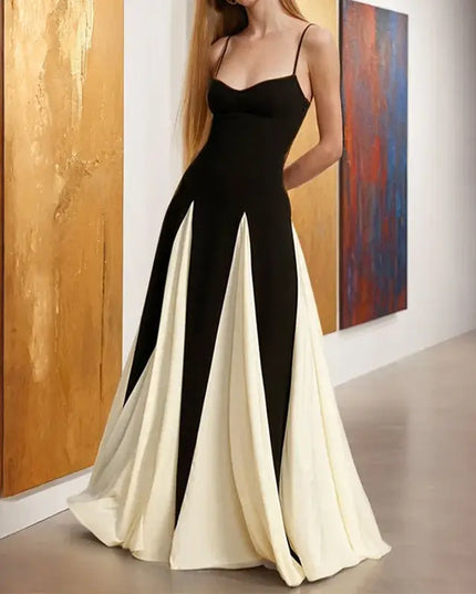 Fashion Sling Color Contrast Evening Party Dress featuring a V-neck, off-shoulder design in a stylish black and white color scheme.