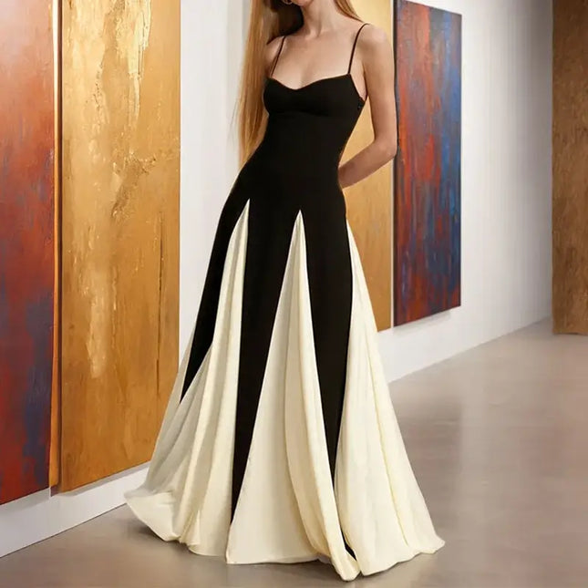 Fashion Sling Color Contrast Evening Party Dress featuring a V-neck, off-shoulder design in a stylish black and white color scheme.
