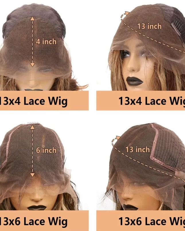 Comparison of different lace wig sizes with measurements on a white background.