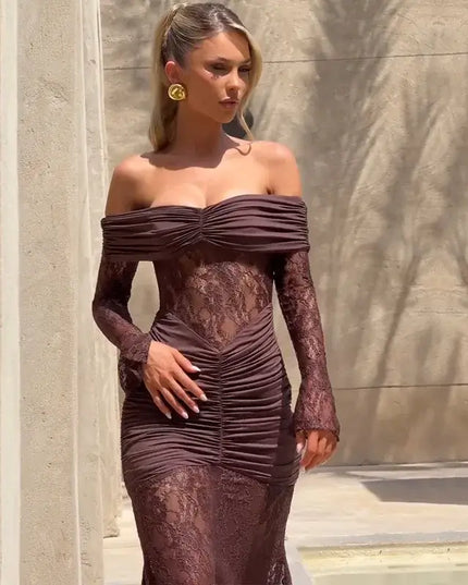 Off-Shoulder Lace Mesh Mermaid Maxi Dress