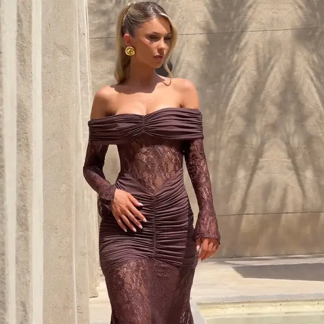 Off-Shoulder Lace Mesh Mermaid Maxi Dress