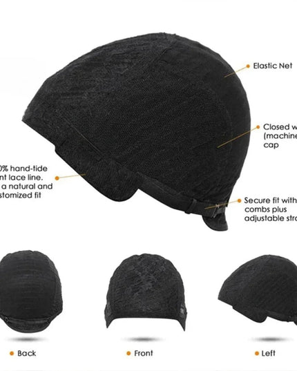 Image of a glueless cotton cap wig for hair loss showing elastic net, closed wefting, and adjustable straps for a secure fit.