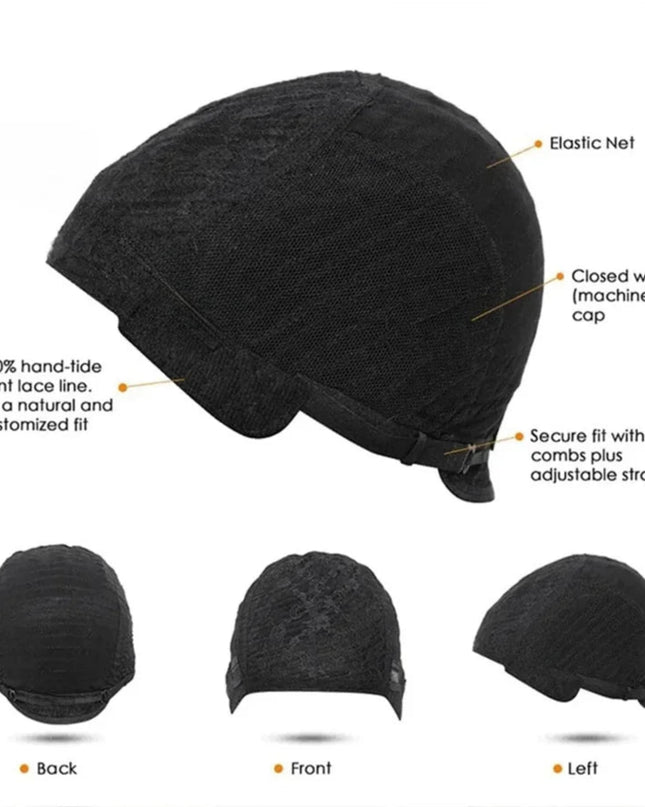 Image of a glueless cotton cap wig for hair loss showing elastic net, closed wefting, and adjustable straps for a secure fit.
