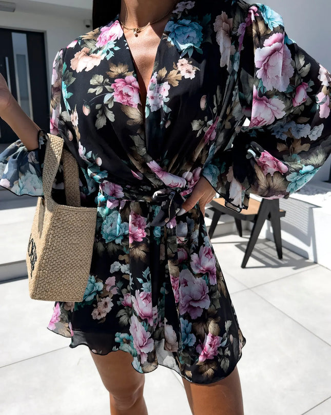 Women’s Loose V-Neck Long Sleeve Printed Jumpsuit