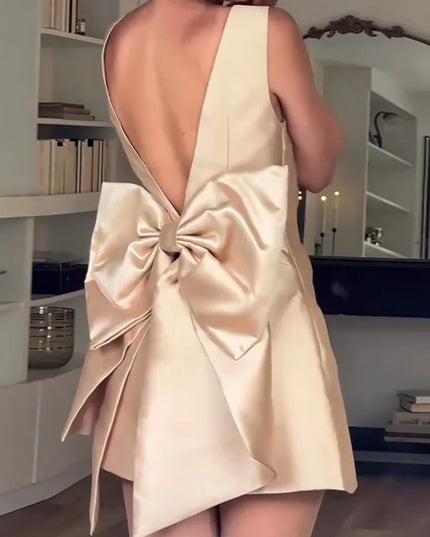Beige dress with a large bow detail on the back, worn by a person indoors.