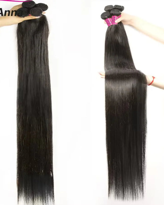 Two bundles of straight hair extensions held by hands with 'AliAnn' branding.