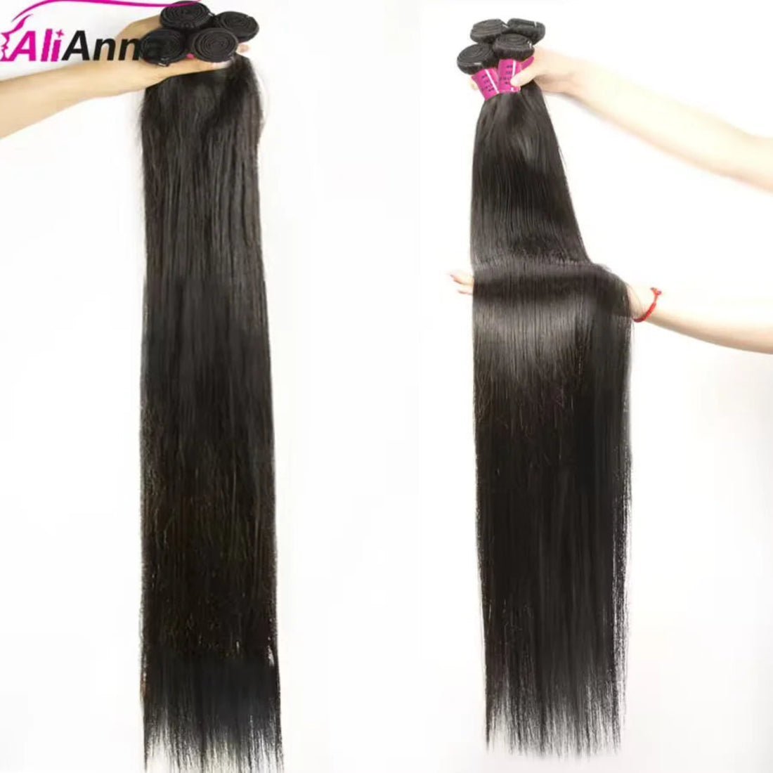 Two bundles of straight hair extensions held by hands with 'AliAnn' branding.