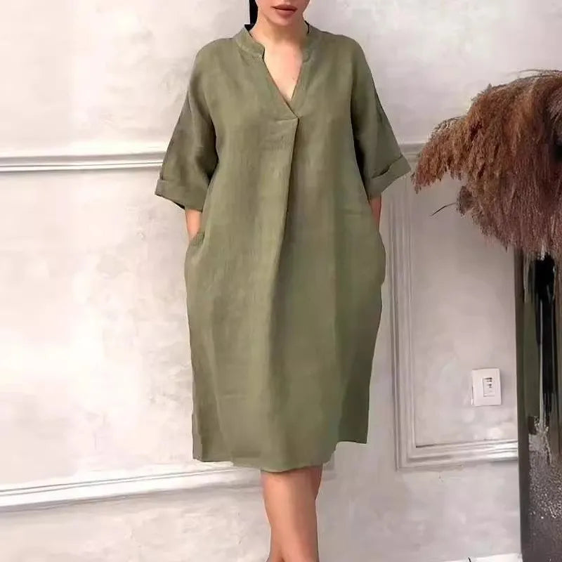 Fashion Cotton Linen Women V-neck Loose Plus  Size Dress