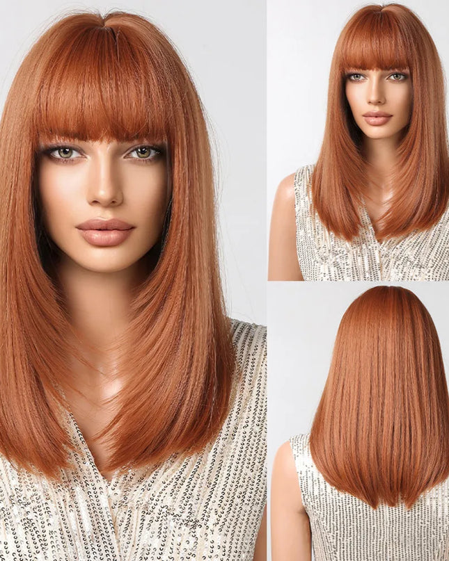 Blonde Synthetic Wigs with Bangs Medium Length Layered Straight Wig Natural Highlight Hair