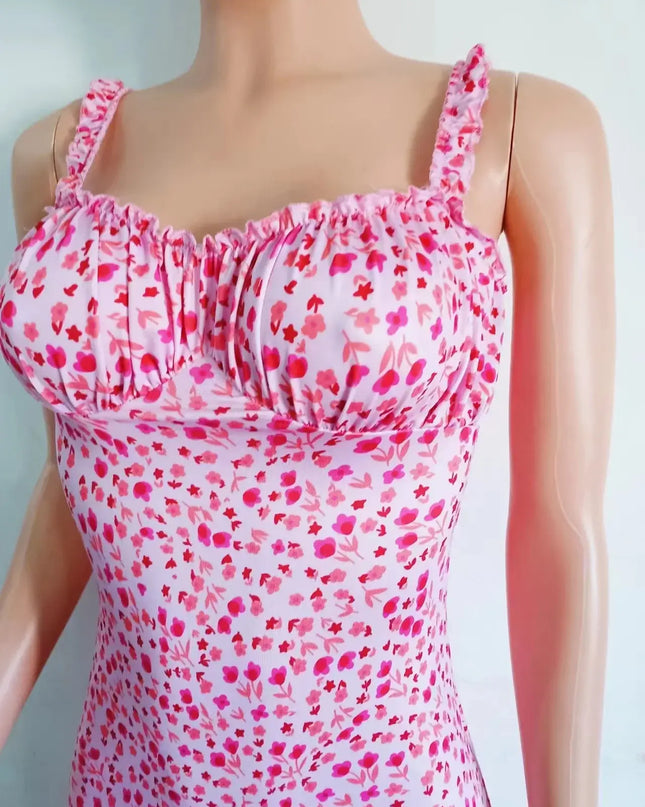 Floral Suspender Split Mini Dress 2024 Summer New Slim Sleeveless Patry Beach Style Spaghetti Strap Dress Women Clothes