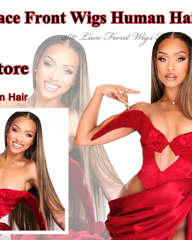 Advertisement for 360 Lace Front Wigs Human Hair 427 by Crown Hair Store, featuring a model in a red dress.